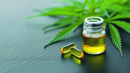 Close-up of a CBD oil bottle and capsules with cannabis leaves, showcasing medicinal properties on a dark background.