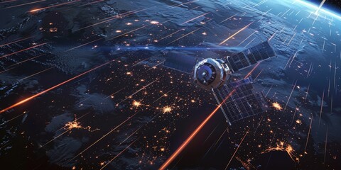 A satellite orbiting Earth, transmitting signals and data across cyber space for global communication