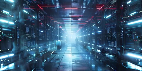 Cloud computing servers and data storage facilities in a futuristic setting, powering cyber space operations