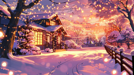 Fototapeta premium Cozy winter evening scene with a house adorned with Christmas lights, surrounded by snow-covered trees and a tranquil pathway