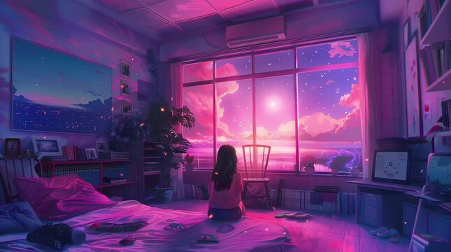 Anime girl by a window gazing at a sunset cityscape, creating a serene and enchanting scene with warm hues and a captivating urban v Seamless looping 4k time-lapse virtual video animation Generated AI