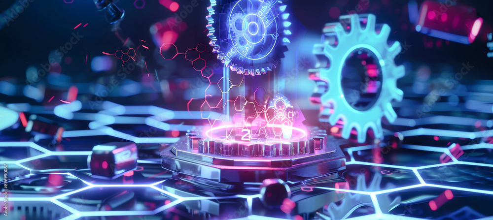 Poster two glowing gears interlock and spin above abstract geometric shapes, revealing data and charts with