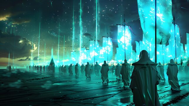 A futuristic peace march with bioluminescent flags and holographic unity messages promoting global harmony style