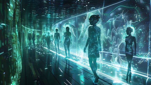 A futuristic gender equality summit with bioluminescent empowerment workshops and holographic leadership sessions style