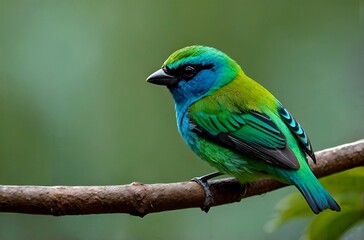 Fototapeta premium A beautiful green headed tanager bird standing on a branch
