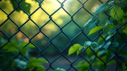 Fototapeta premium Wire fence with green leaves in summer sunlight, nature and security concept