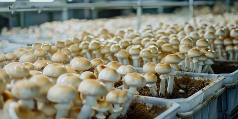 This image captures the process of mushroom cultivation in a controlled environment. The mushrooms are grown on sawdust, indicating an organic method of farming.