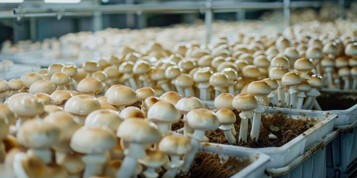 This image captures the process of mushroom cultivation in a controlled environment. The mushrooms are grown on sawdust, indicating an organic method of farming.