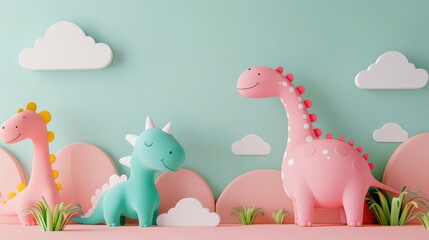 Fototapeta premium Cute colorful dinosaur toys on green and pink background with clouds, perfect for children's room decor or fun, playful designs.