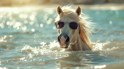 A horse wearing sunglasses, swimming in the ocean with water splashing around, creating a fun and playful scene.