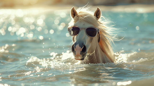A horse wearing sunglasses, swimming in the ocean with water splashing around, creating a fun and playful scene.