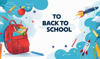 Obraz premium Back to school banner with pencil, book and backpack on colorful background vector illustration in the style of cartoon text 