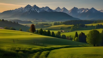 beautiful rural landscape in Bavaria with mountain range and meadow at springtim Generative AI