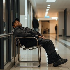 A security guard in uniform sleeping on a chair in an office building hallway. Suitable for security, negligence, and workplace themes.