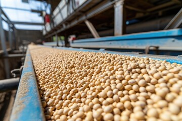 Naklejka premium A large collection of soybeans on a conveyor belt inside an industrial factory, ready for processing and distribution.