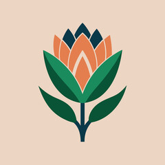 Proteus graphically drawing the logo. Protea flower vector art illustration. Vector tropical leaves.