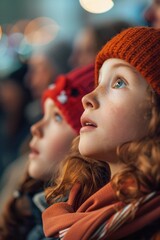 Fototapeta premium Young children looking up in wonder at a night sky. Magic of the universe.
