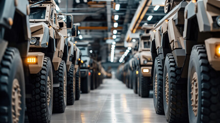 Row of military armored vehicles lined up in a factory setting with industrial lighting and polished floors.