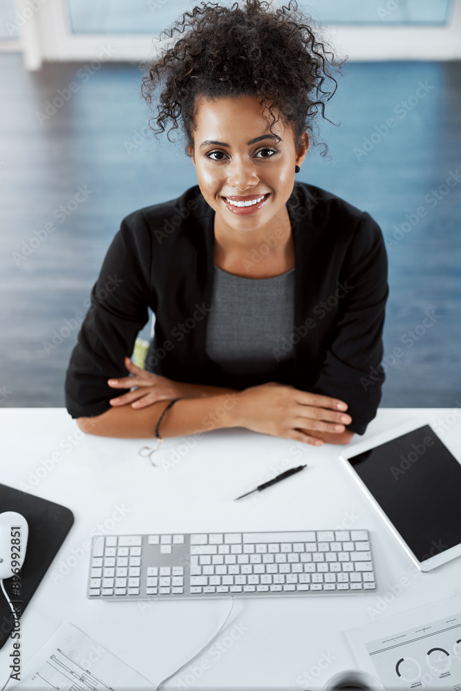 Poster portrait, woman and computer with smile, digital tablet and keyboard with contract for deal proposal