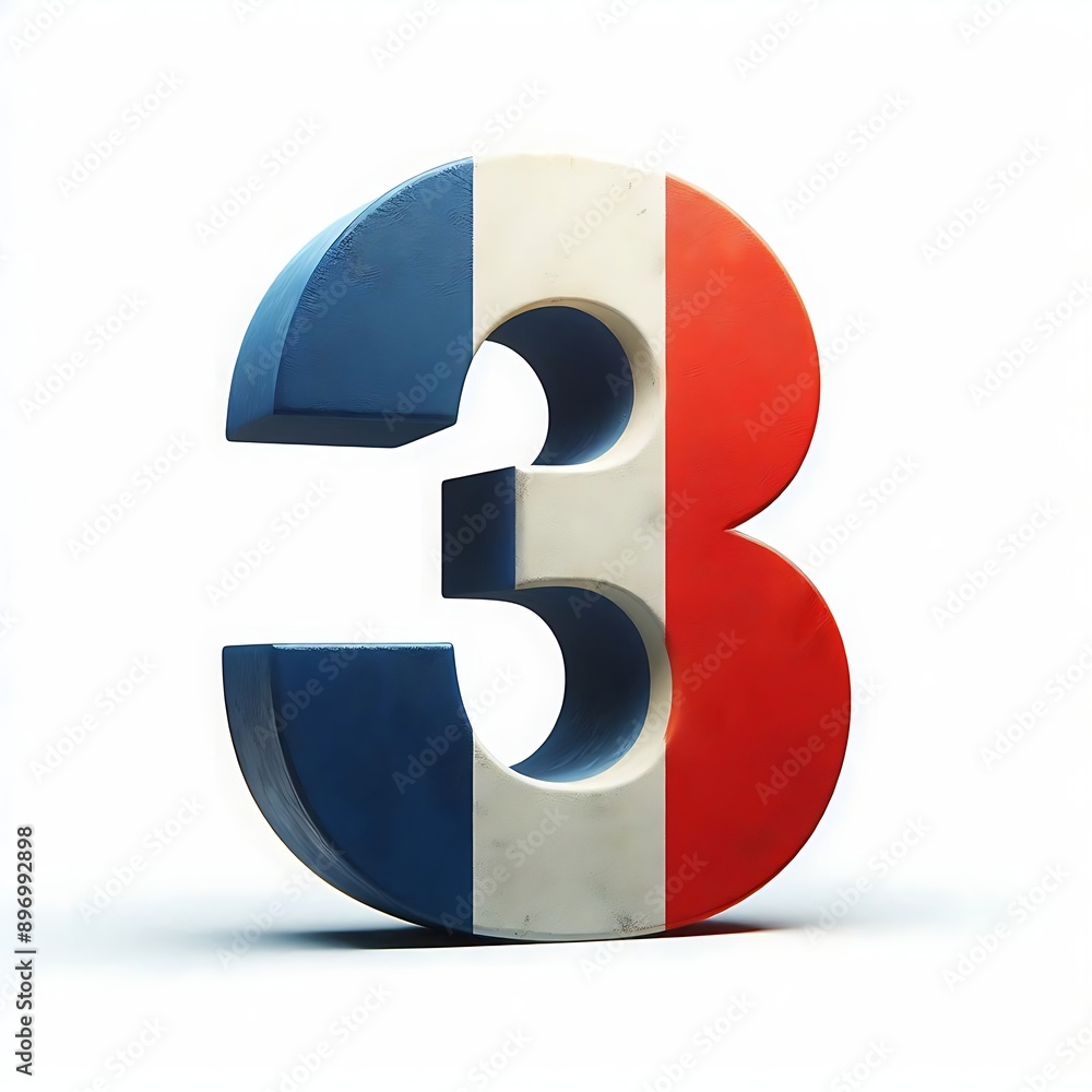 Poster the number 3 is in a red, white, and blue color scheme. it is a stylized number that is meant to rep