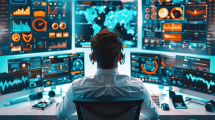 Man analyzing data on multiple screens in a high-tech control room, showcasing modern technology and data visualization.
