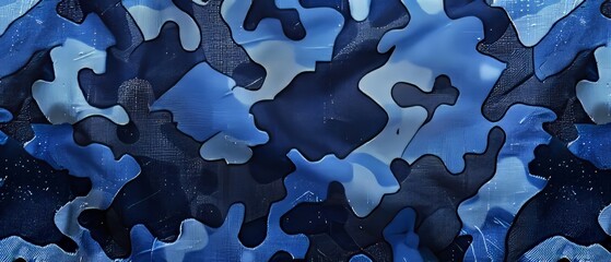 Panoramic close-up, high detail scan of blue camo pattern texture, Generative AI