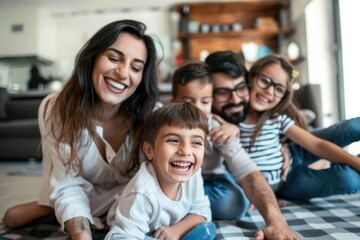 Obraz premium Family smiling and laughing together at home. Happy parents with children on the floor.