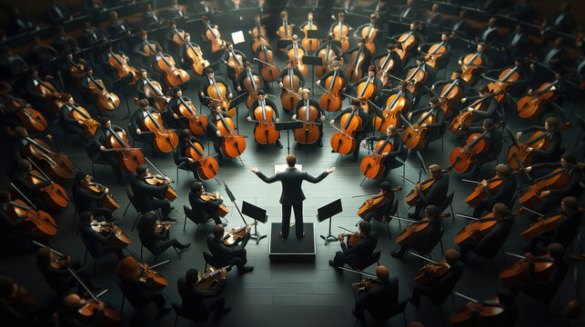 A conductor leading a large orchestra with musicians playing string instruments, viewed from above.