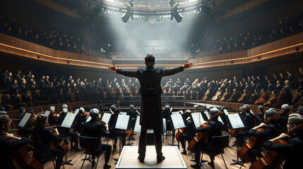A conductor stands on a podium with arms outstretched, leading a symphony orchestra in a grand concert hall filled with musicians and audience members.