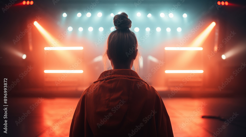 Canvas Prints Back view of a person on a stage with vibrant lighting, spotlight and fog creating a dramatic concert-like atmosphere.