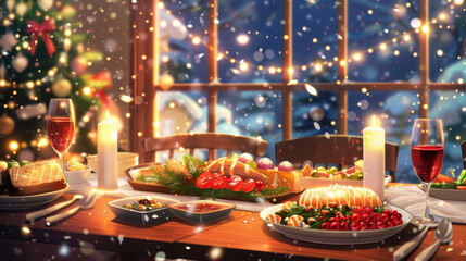Festive holiday table set with assorted gourmet dishes, candles, and red wine, decorated with a Christmas tree in the background