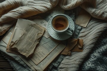 Tea in cup on cozy blanket, surrounded by vintage papers and old book.