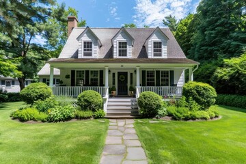 A Cape Cod house showcasing simple elegance, with charming dormers, cedar shingles, and a welcoming front porch, banner, with copy space