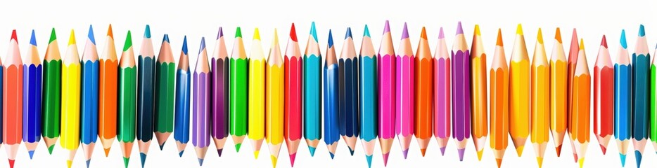 Colorful pencils arranged in an abstract wave pattern on white background, creating a colorful and playful border for educational or creative designs.