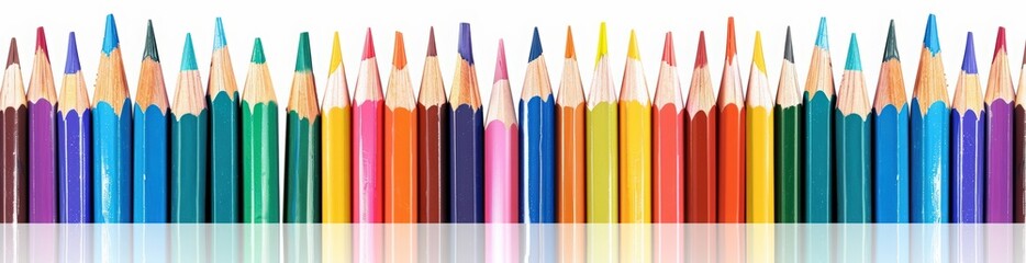 Fototapeta premium Colorful pencils arranged in an abstract wave pattern on white background, creating a colorful and playful border for educational or creative designs.