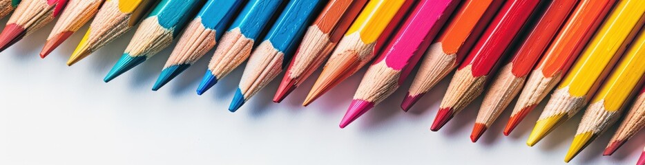 Fototapeta premium Colorful pencils arranged in an abstract wave pattern on white background, creating a colorful and playful border for educational or creative designs.