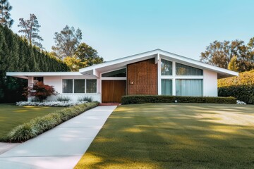 Fototapeta premium A midcentury modern house with retro design elements, featuring clean lines, large windows, and vintage furnishings, banner, with copy space