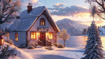 Fototapeta premium Cozy winter cottage with snowfall, warm lights glowing, and festive wreath, nestled by a tranquil lake and mountains