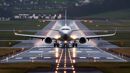 Commercial airplane landing on a runway with landing gear extended and runway lights visible.