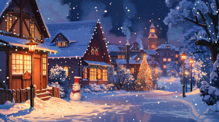 Charming winter village scene with snow-covered houses, festive decorations, snowman, and a glowing Christmas tree at night