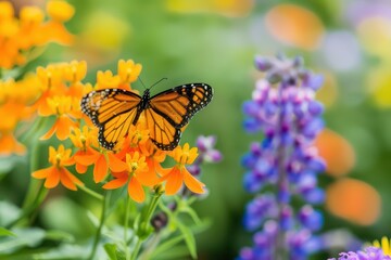 Obraz premium A pollinator garden designed to be habitatfriendly, with a variety of flowers attracting bees, butterflies, and other pollinators, banner, with copy space