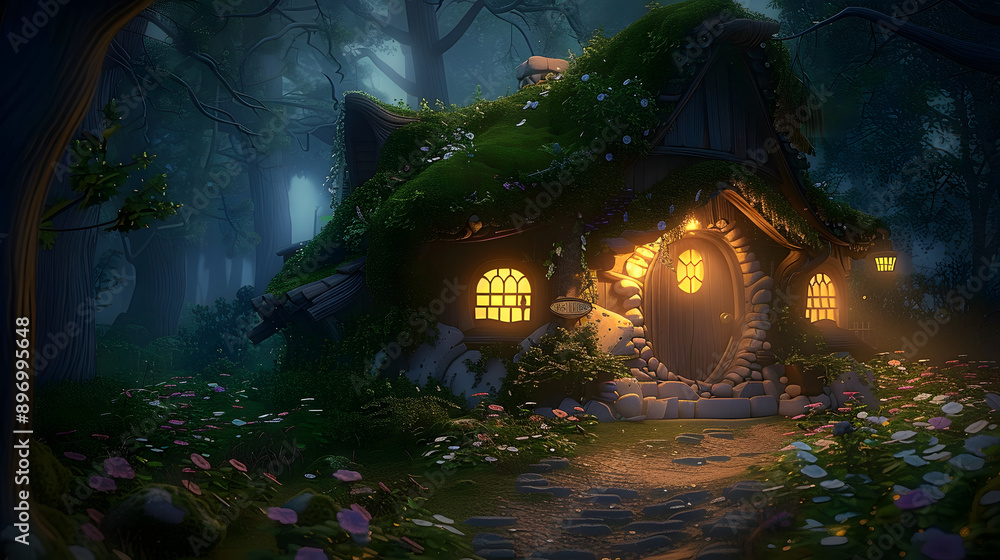 Canvas Prints 3D render of a fairy house in the forest at night.