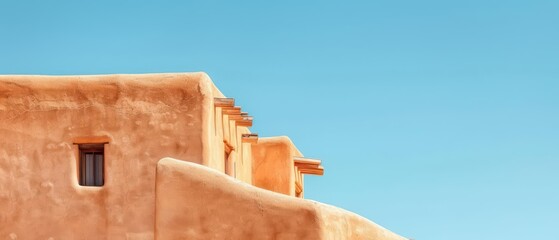A Pueblo house with adobe walls, featuring rounded edges, earthy tones, and traditional Southwestern architecture, banner, with copy space
