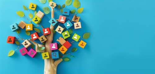 Wooden tree with colorful blocks on blue, top view showing teamwork in social media style.
