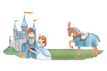 Frame with watercolor illustration of a fantasy prince and princess in blue dress, castle. Medieval illustration isolated