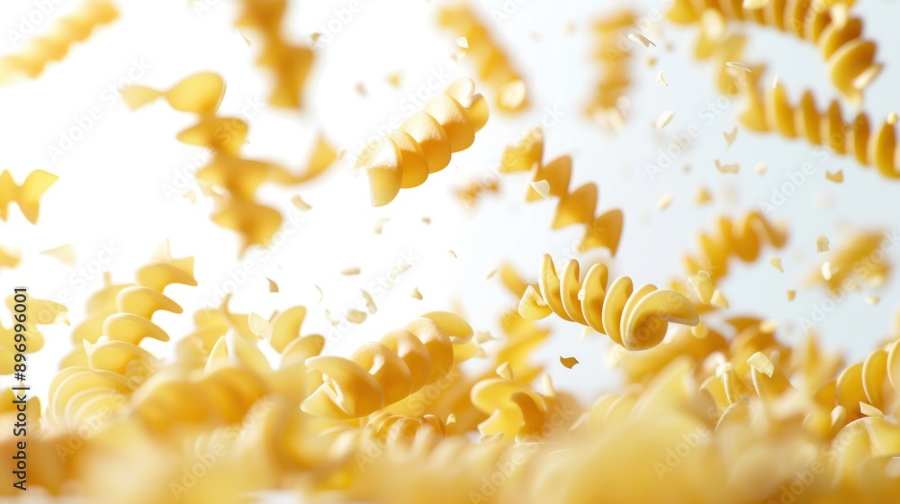 Poster raw italian pasta falls gracefully in mid-air, creating a cascade of golden spirals against a pristi