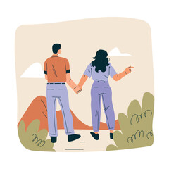 Look to Future with Couple Man and Woman Character Walking Hold Hand View Horizon Vector Illustration