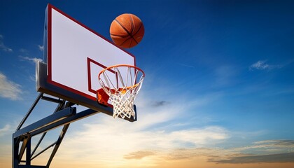 A basketball gracefully arcs towards a hoop against a vibrant sky, capturing the essence of the sport and the excitement of the game.