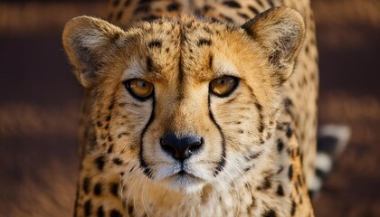 A close-up portrait of a confident cheetah showcasing its striking features and sharp gaze in a natural habitat.