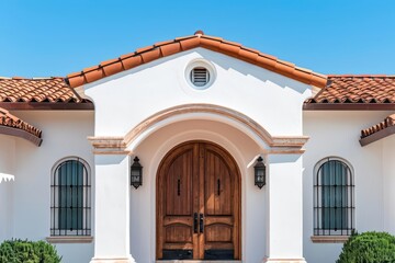 Obraz premium A Spanish Revival house with traditional Spanish tiles, showcasing arched doorways, wrought iron accents, and vibrant colors, banner, with copy space